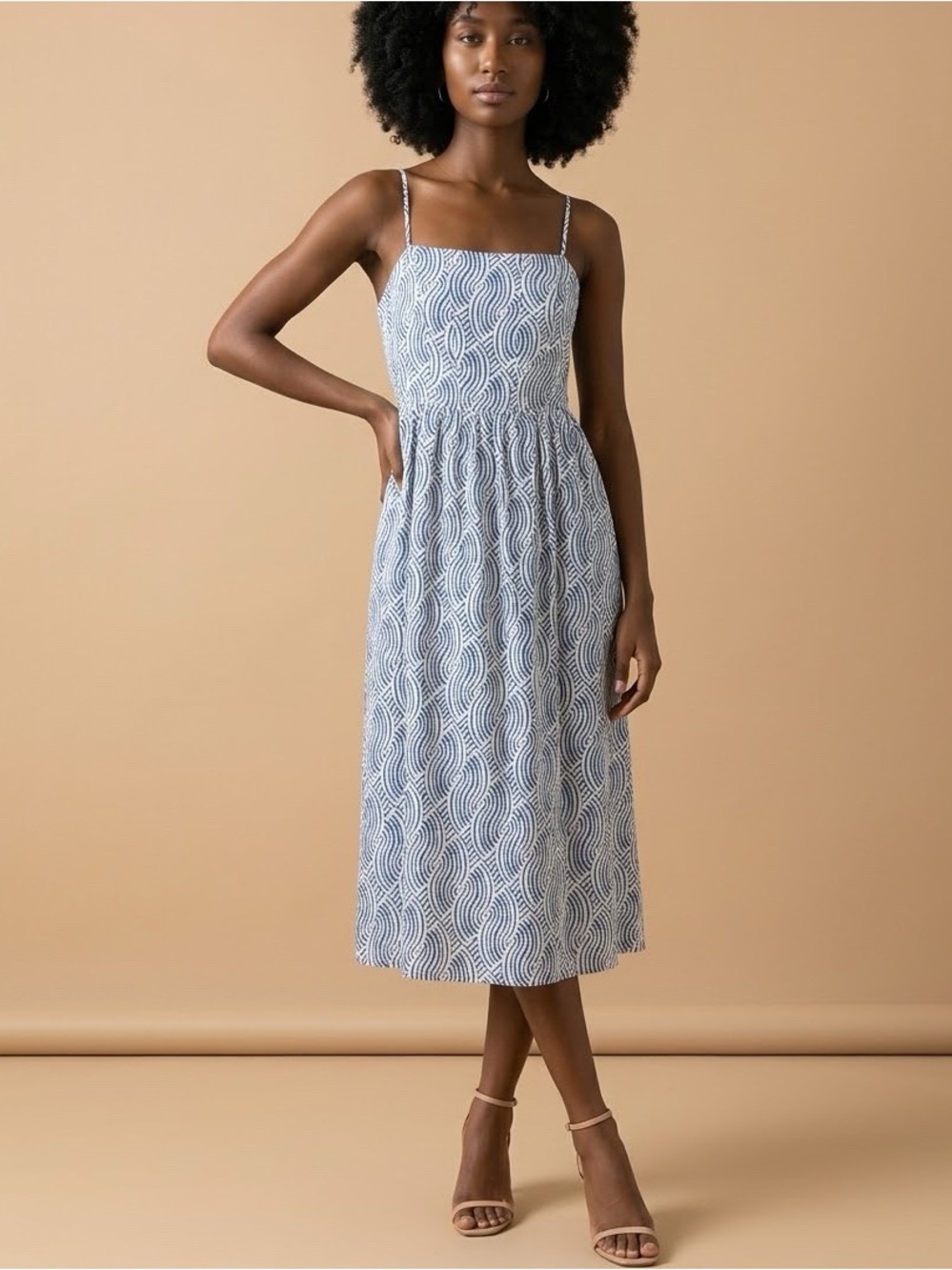 H&M Blue Wave Motif Linen Blend Dress